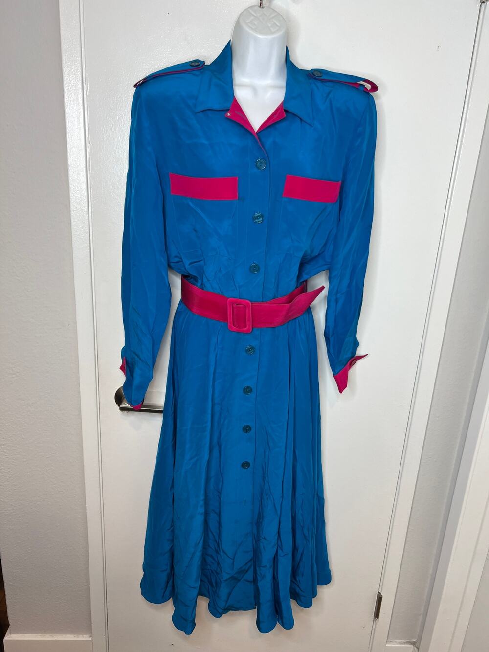 Adrianna Papell 100% Silk Belted Long Sleeve Shirt Dress Vintage ~ Size 12
